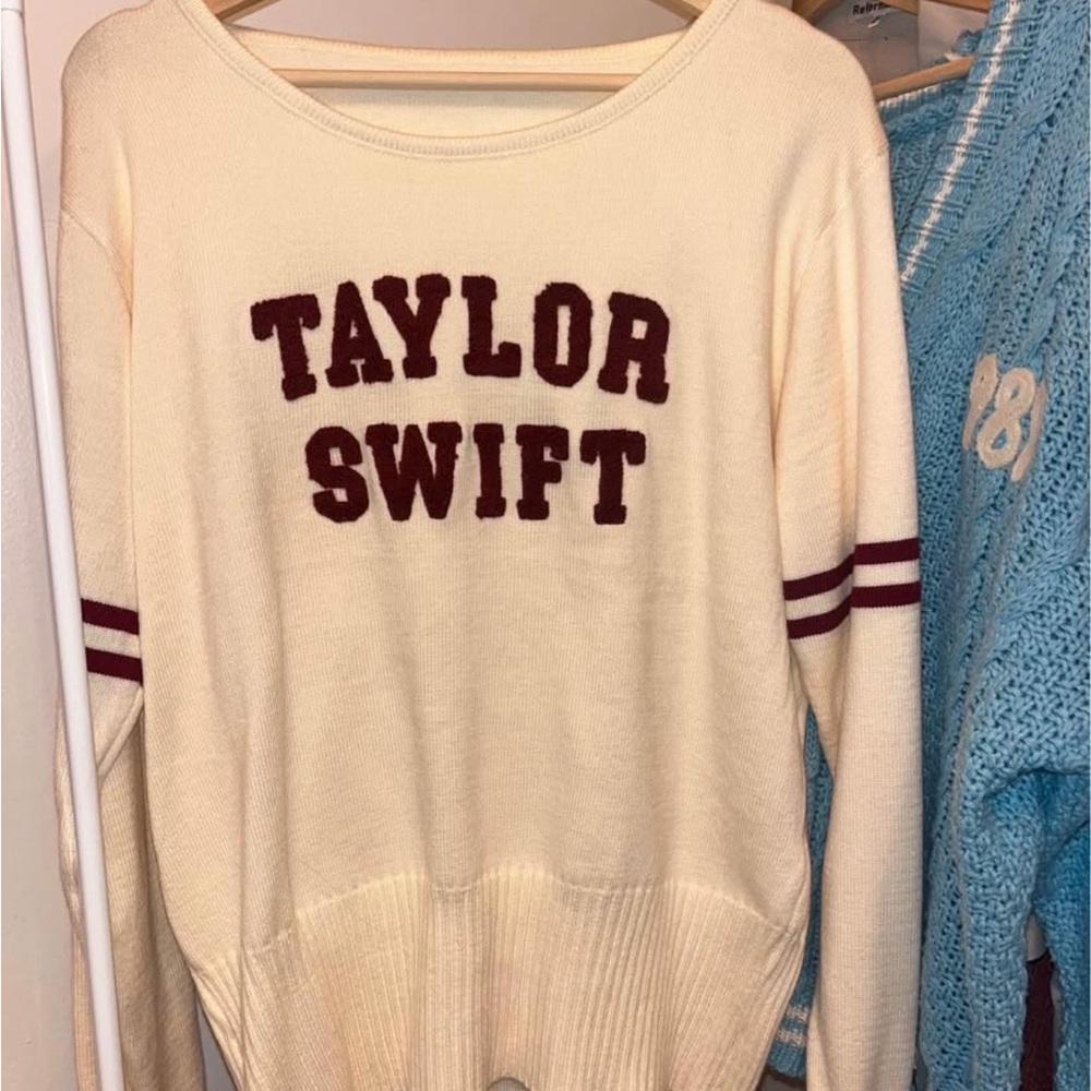 Taylor Swift Red TV Era Cream Sweater with Maroon Accents